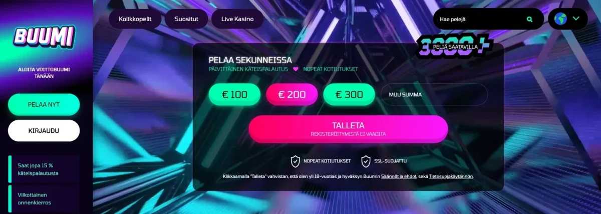 Buumi Kasinon peliaula, jossa näkyy valikko, mahdollisuus talletukseen ja tietoa bonuksista