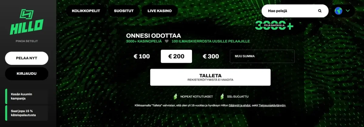 Hillo casinon peliaula, jossa näkyy valikko, mahdollisuus talletukseen ja tietoa bonuksesta
