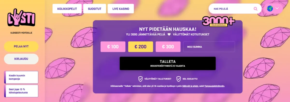 Lysti Casinon peliaula, jossa mahdollisuus talletukseen, valikko ja tietoa bonuksesta