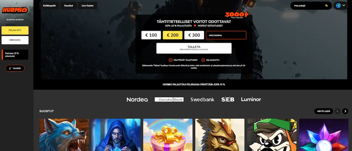 Hurmio Casinon peliaula, jossa näkyy suostuimmat pelit, mahdollisuus talletukseen ja tietoa käteishyvityksestä