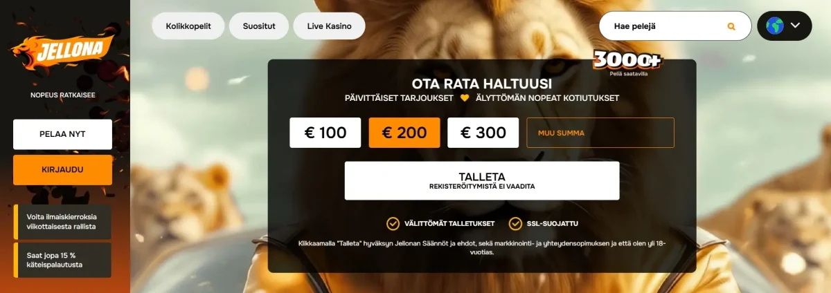 jellona kasinon peliaula, jossa näkyy valikko, mahdollisuus talletukseen ja tietoa käteishyvityksestä