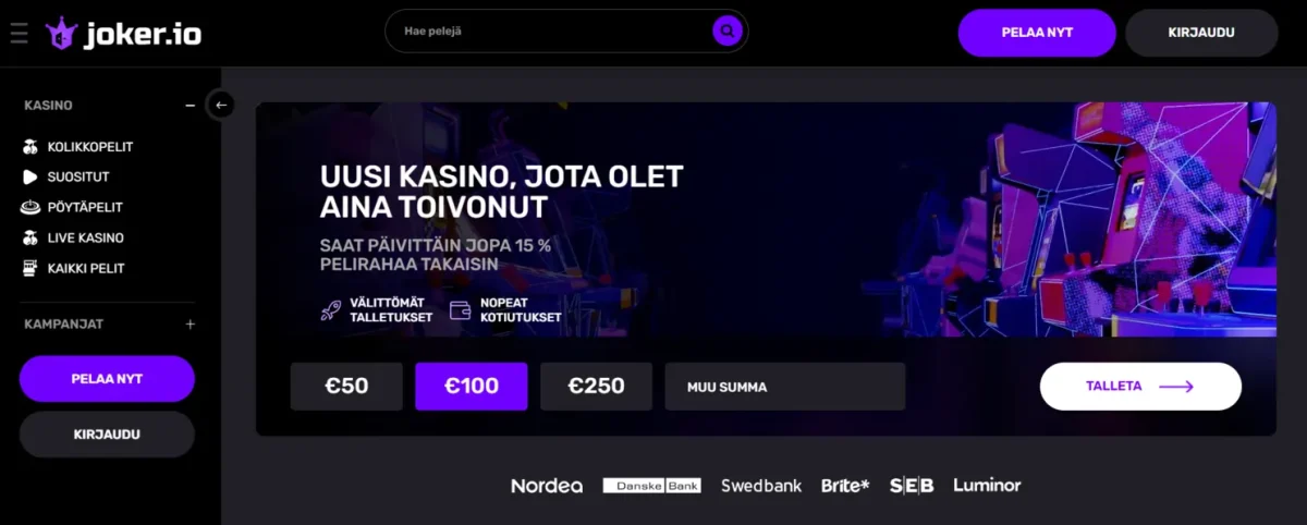 joker.io kasinon peliaula, jossa n&auml;kyy mahdollisuus talletukseen, tietoa k&auml;teishyvityksest&auml; ja valikko