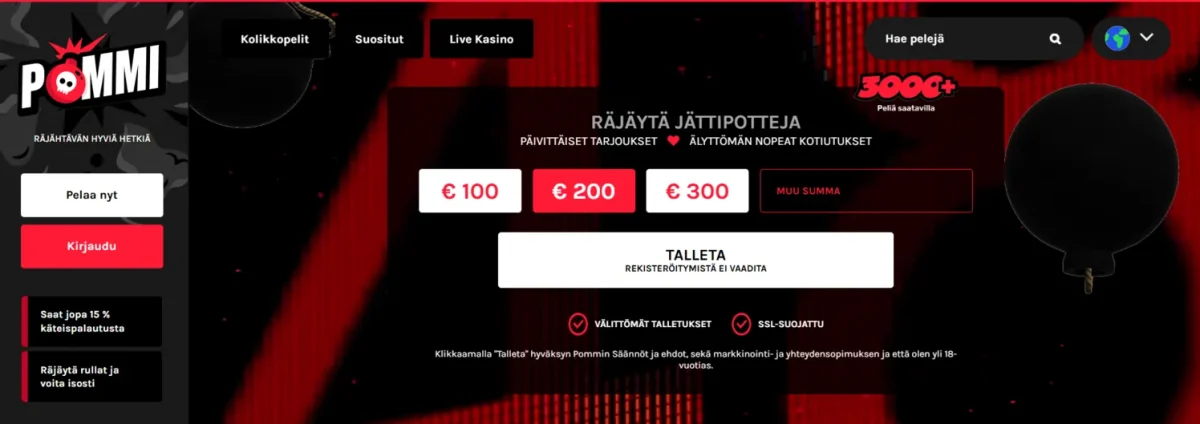 pommi casinon peliaula, jossa on mahdollisuus talletukseen, tietoa bonuksesta ja valikko vasemmassa laidassa