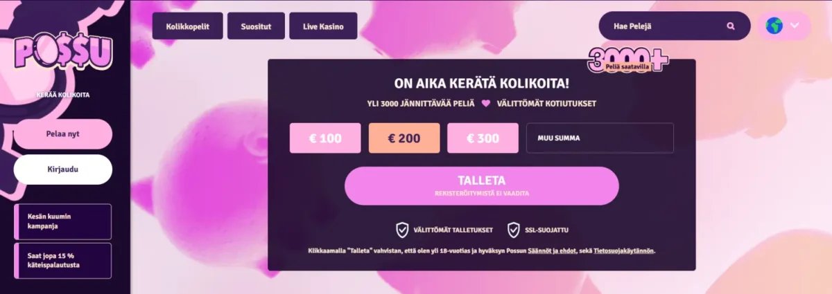 possu kasinon peliaula, jossa mahdollisuus talletukseen, tietoa bonuksesta ja valikko